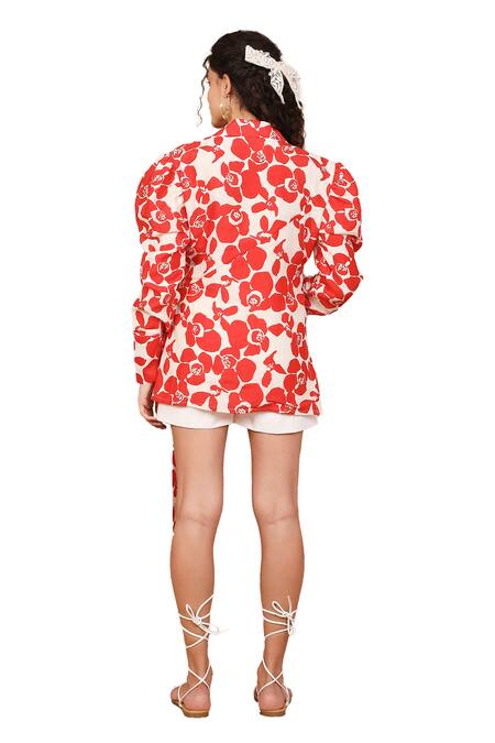 The Right Cut Red Linen, Silk Embroidery Collared Abstract Blossom Printed Shirt Online at Aza Fashions The Right Cut_Red Linen, Silk Embroidery Collared Abstract Blossom Printed Shirt _Online_at_Aza_Fashions