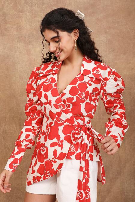 The Right Cut Red Linen, Silk Embroidery Collared Abstract Blossom Printed Shirt at Aza Fashions The Right Cut_Red Linen, Silk Embroidery Collared Abstract Blossom Printed Shirt _at_Aza_Fashions