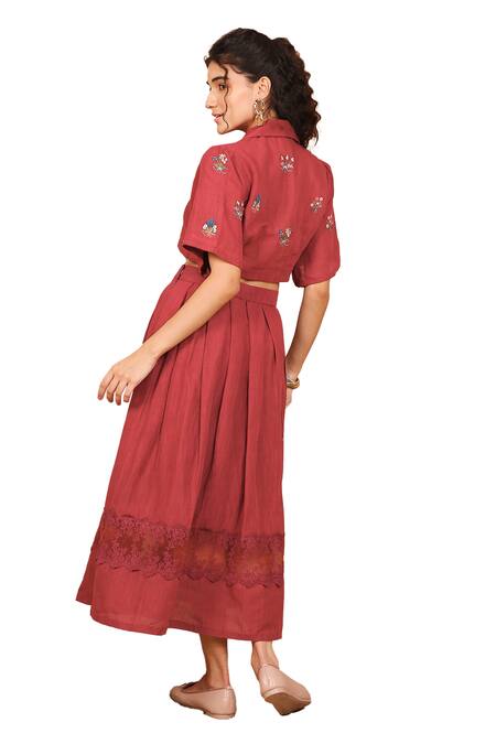 The Right Cut Red Collared Floral Embroidered Shirt And Skirt Set Online at Aza Fashions The Right Cut_Red Collared Floral Embroidered Shirt And Skirt Set _Online_at_Aza_Fashions