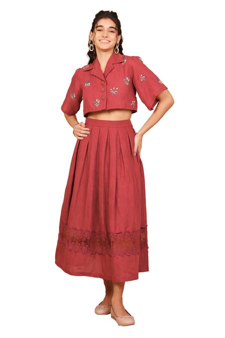 Buy The Right Cut Red Collared Floral Embroidered Shirt And Skirt Set Online at Aza Fashions Buy_The Right Cut_Red Collared Floral Embroidered Shirt And Skirt Set _Online_at_Aza_Fashions