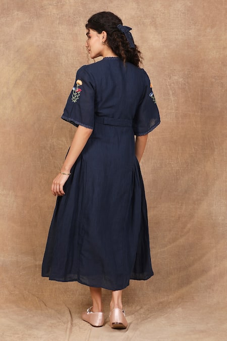 Shop The Right Cut Blue Linen Embroidery V-neck Spring Garden Hand Dress at Aza Fashions Shop_The Right Cut_Blue Linen Embroidery V-neck Spring Garden Hand Dress _at_Aza_Fashions