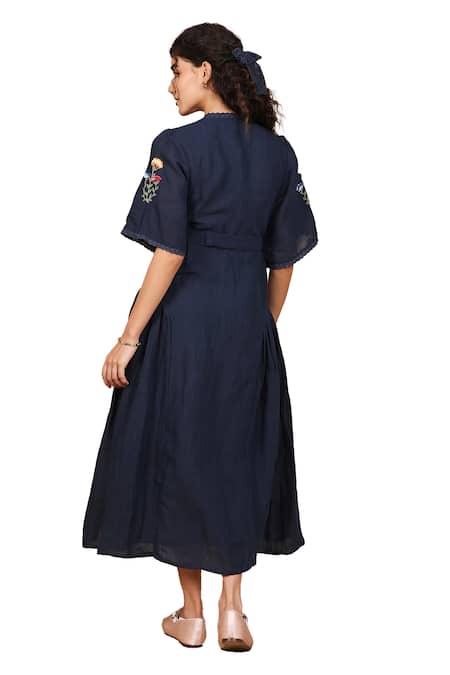 The Right Cut Blue Linen Embroidery V-neck Spring Garden Hand Dress Online at Aza Fashions The Right Cut_Blue Linen Embroidery V-neck Spring Garden Hand Dress _Online_at_Aza_Fashions