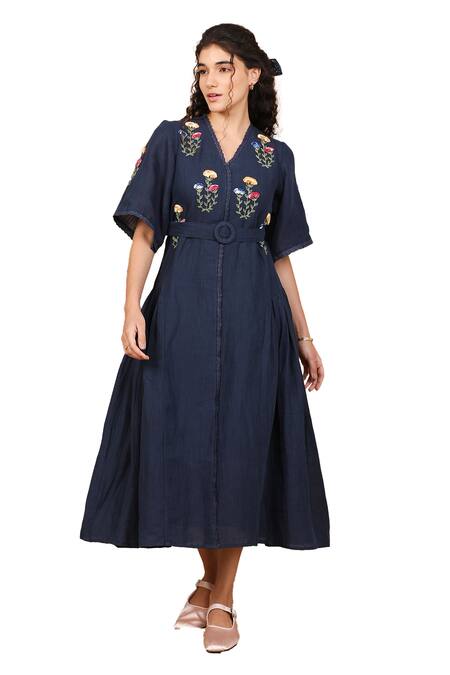 Buy The Right Cut Blue Linen Embroidery V-neck Spring Garden Hand Dress Online at Aza Fashions Buy_The Right Cut_Blue Linen Embroidery V-neck Spring Garden Hand Dress _Online_at_Aza_Fashions