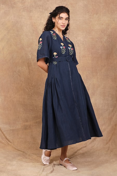 Shop The Right Cut Blue Linen Embroidery V-neck Spring Garden Hand Dress Online at Aza Fashions Shop_The Right Cut_Blue Linen Embroidery V-neck Spring Garden Hand Dress _Online_at_Aza_Fashions