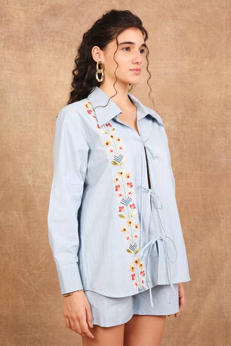 The Right Cut Blue Cotton Embroidery Collared Frozen Garden Hand Embrdered Shirt at Aza Fashions The Right Cut_Blue Cotton Embroidery Collared Frozen Garden Hand Embrdered Shirt _at_Aza_Fashions