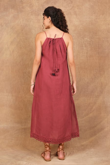 Shop The Right Cut Red Linen Embroidery Halter Neck Reverie Hand Dress at Aza Fashions Shop_The Right Cut_Red Linen Embroidery Halter Neck Reverie Hand Dress _at_Aza_Fashions