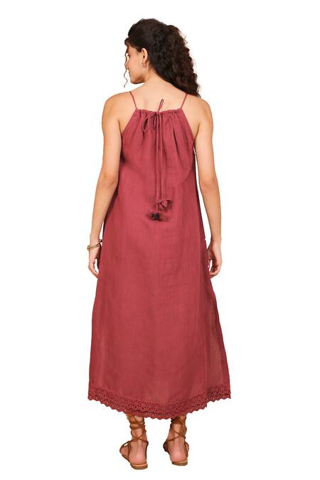 The Right Cut Red Linen Embroidery Halter Neck Reverie Hand Dress Online at Aza Fashions The Right Cut_Red Linen Embroidery Halter Neck Reverie Hand Dress _Online_at_Aza_Fashions