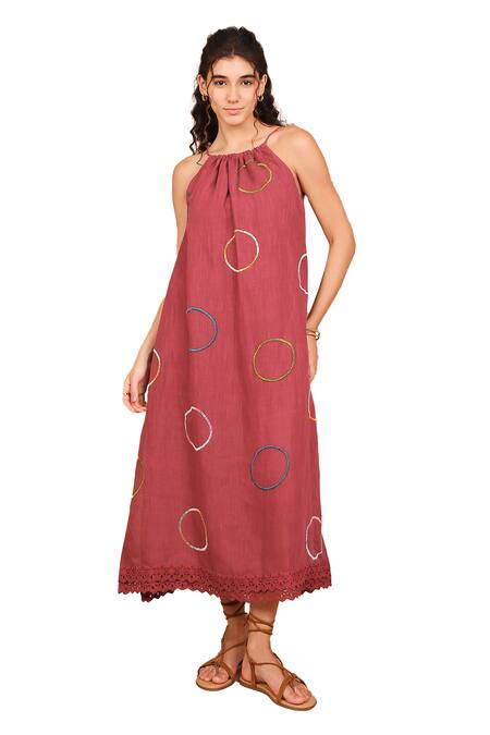 Buy The Right Cut Red Linen Embroidery Halter Neck Reverie Hand Dress Online at Aza Fashions Buy_The Right Cut_Red Linen Embroidery Halter Neck Reverie Hand Dress _Online_at_Aza_Fashions