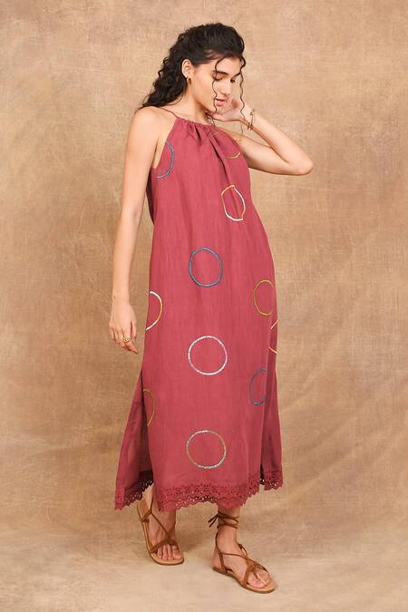 Shop The Right Cut Red Linen Embroidery Halter Neck Reverie Hand Dress Online at Aza Fashions Shop_The Right Cut_Red Linen Embroidery Halter Neck Reverie Hand Dress _Online_at_Aza_Fashions