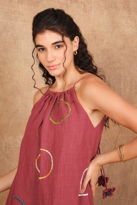The Right Cut Red Linen Embroidery Halter Neck Reverie Hand Dress at Aza Fashions The Right Cut_Red Linen Embroidery Halter Neck Reverie Hand Dress _at_Aza_Fashions