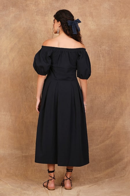 Shop The Right Cut Black Cotton Embroidery Off-shoulder Starry Night Hand Dress at Aza Fashions Shop_The Right Cut_Black Cotton Embroidery Off-shoulder Starry Night Hand Dress _at_Aza_Fashions