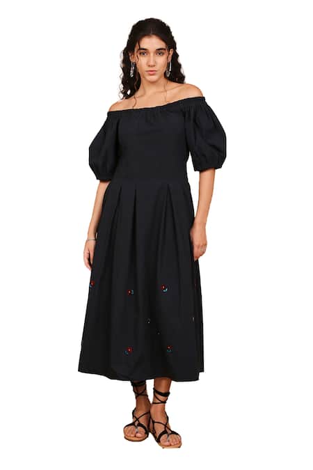 Buy The Right Cut Black Cotton Embroidery Off-shoulder Starry Night Hand Dress Online at Aza Fashions Buy_The Right Cut_Black Cotton Embroidery Off-shoulder Starry Night Hand Dress _Online_at_Aza_Fashions