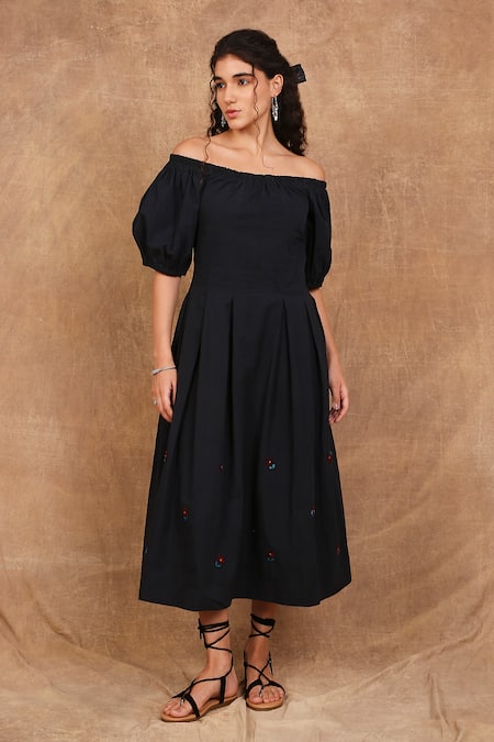 Shop The Right Cut Black Cotton Embroidery Off-shoulder Starry Night Hand Dress Online at Aza Fashions Shop_The Right Cut_Black Cotton Embroidery Off-shoulder Starry Night Hand Dress _Online_at_Aza_Fashions