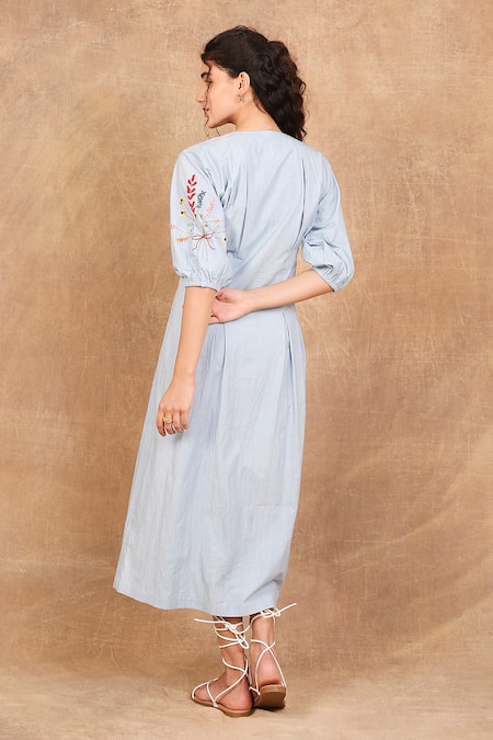 Shop The Right Cut Blue Cotton Embroidery Round Neck Icy Floral Sleeve Dress at Aza Fashions Shop_The Right Cut_Blue Cotton Embroidery Round Neck Icy Floral Sleeve Dress _at_Aza_Fashions