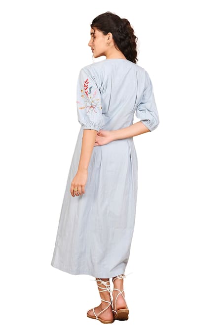 The Right Cut Blue Cotton Embroidery Round Neck Icy Floral Sleeve Dress Online at Aza Fashions The Right Cut_Blue Cotton Embroidery Round Neck Icy Floral Sleeve Dress _Online_at_Aza_Fashions