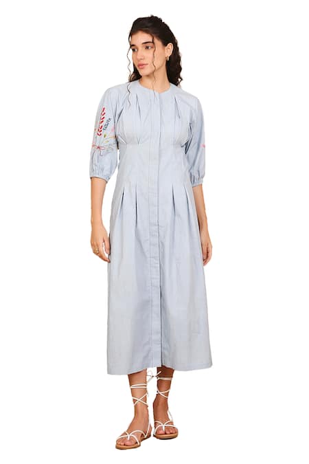 Buy The Right Cut Blue Cotton Embroidery Round Neck Icy Floral Sleeve Dress Online at Aza Fashions Buy_The Right Cut_Blue Cotton Embroidery Round Neck Icy Floral Sleeve Dress _Online_at_Aza_Fashions