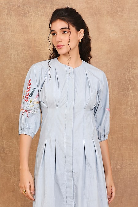 Shop The Right Cut Blue Cotton Embroidery Round Neck Icy Floral Sleeve Dress Online at Aza Fashions Shop_The Right Cut_Blue Cotton Embroidery Round Neck Icy Floral Sleeve Dress _Online_at_Aza_Fashions