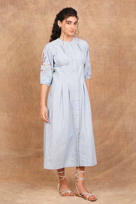 The Right Cut Blue Cotton Embroidery Round Neck Icy Floral Sleeve Dress at Aza Fashions The Right Cut_Blue Cotton Embroidery Round Neck Icy Floral Sleeve Dress _at_Aza_Fashions