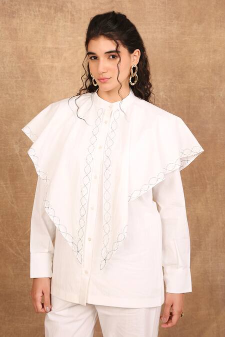 Shop_The Right Cut_White Cotton Bandeau Neck Forest Solid Collared Shirt _Online_at_Aza_Fashions