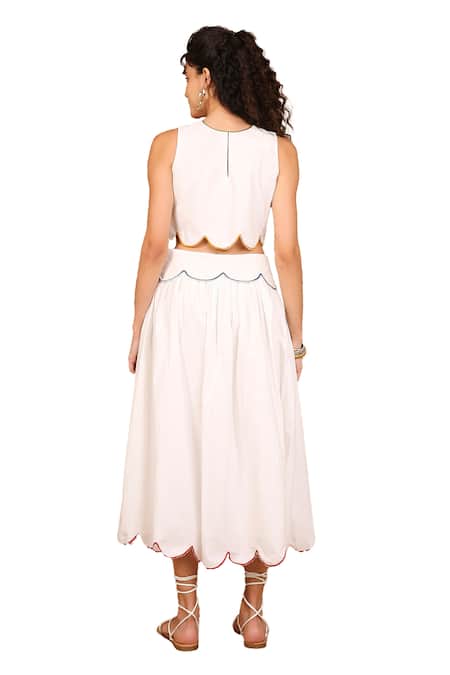 The Right Cut_White Cotton Embroidery, Cut Work Round Cloud Scallop Border Top And Skirt Set _Online_at_Aza_Fashions