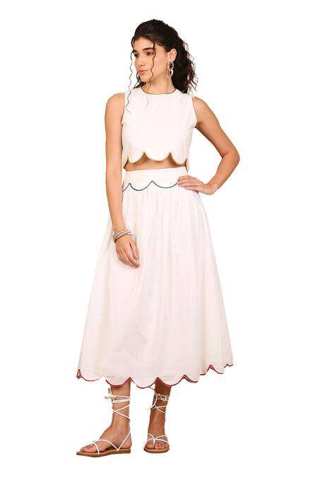 Buy_The Right Cut_White Cotton Embroidery, Cut Work Round Cloud Scallop Border Top And Skirt Set _Online_at_Aza_Fashions