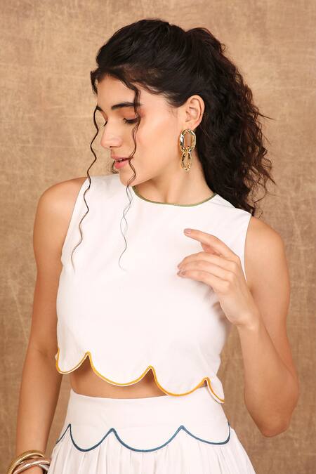 The Right Cut_White Cotton Embroidery, Cut Work Round Cloud Scallop Border Top And Skirt Set _at_Aza_Fashions