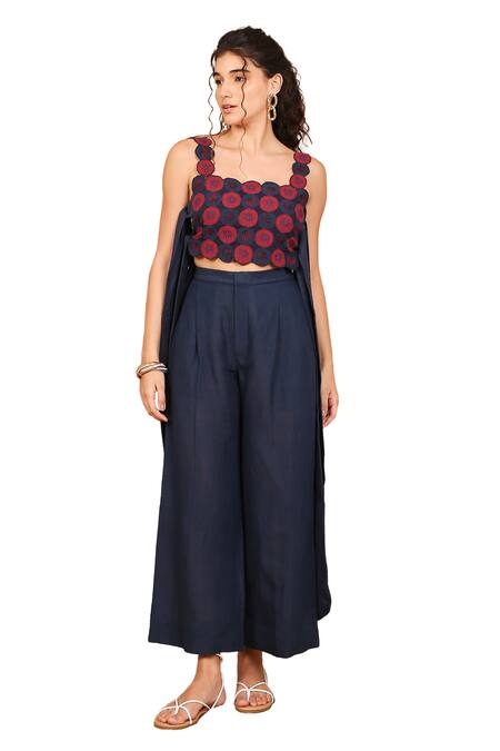 Buy_The Right Cut_Blue Linen Embroidery Square Neck Daisy Dreams Top And Pant Set _Online_at_Aza_Fashions