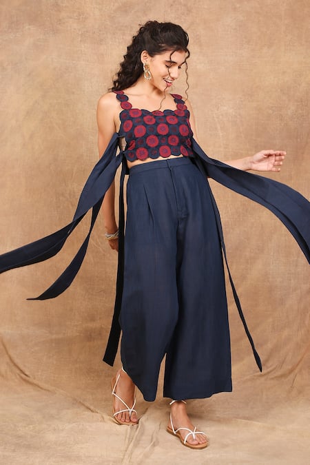 Shop_The Right Cut_Blue Linen Embroidery Square Neck Daisy Dreams Top And Pant Set _Online_at_Aza_Fashions