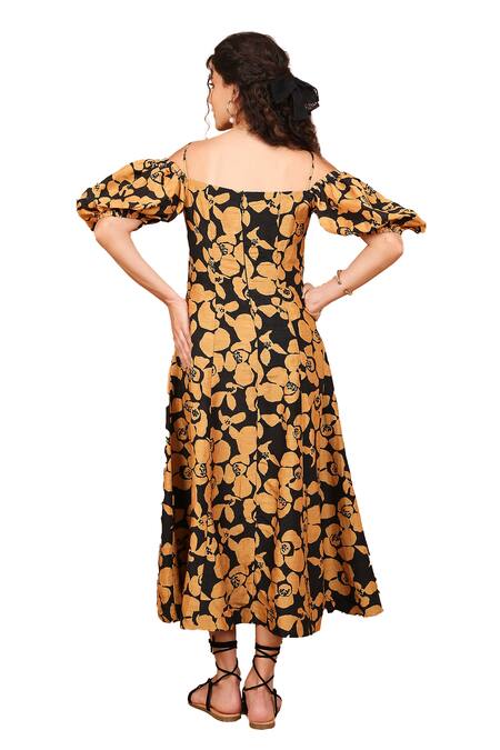 The Right Cut_Black Linen, Silk Square Neck Bloom Floral Print Dress _Online_at_Aza_Fashions
