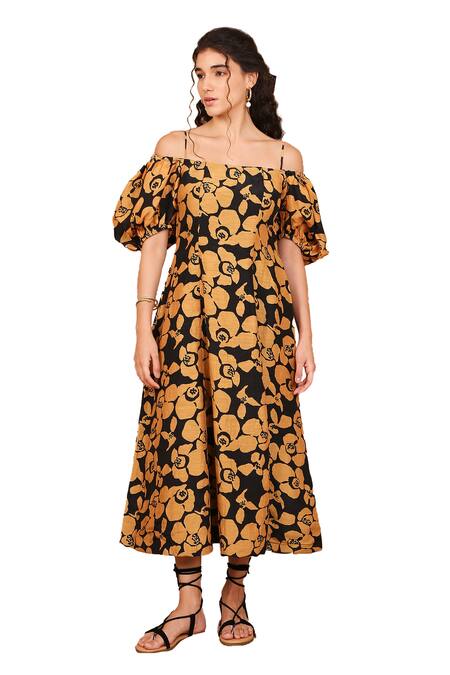 Buy_The Right Cut_Black Linen, Silk Square Neck Bloom Floral Print Dress _Online_at_Aza_Fashions