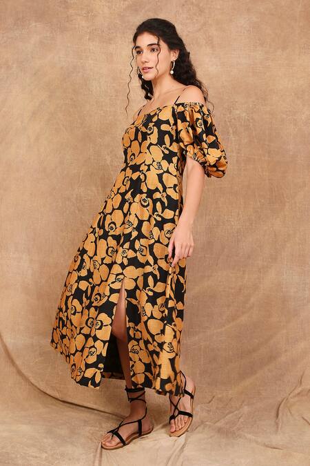 Shop_The Right Cut_Black Linen, Silk Square Neck Bloom Floral Print Dress _Online_at_Aza_Fashions