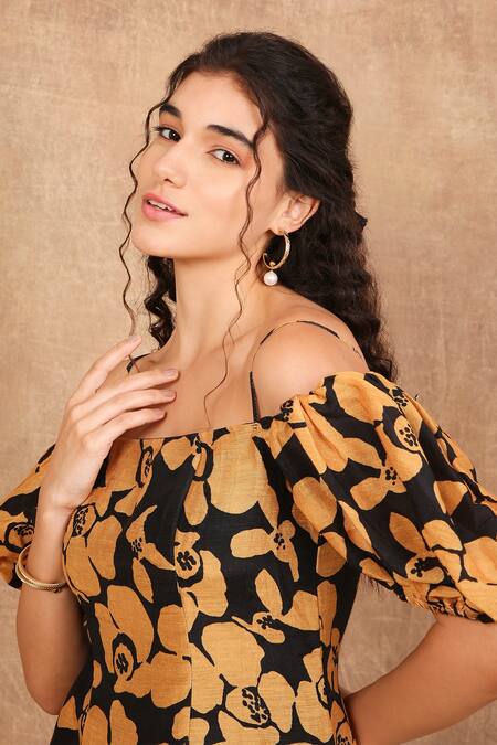 The Right Cut_Black Linen, Silk Square Neck Bloom Floral Print Dress _at_Aza_Fashions