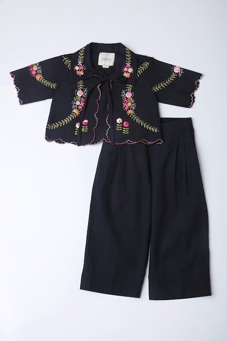The Right Cut_Black Cotton Embroidery Rose Hand Jacket Pant Set _Online_at_Aza_Fashions