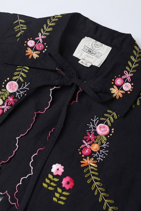 Buy_The Right Cut_Black Cotton Embroidery Rose Hand Jacket Pant Set _Online_at_Aza_Fashions