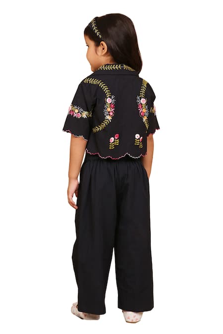 Shop_The Right Cut_Black Cotton Embroidery Rose Hand Jacket Pant Set _Online_at_Aza_Fashions