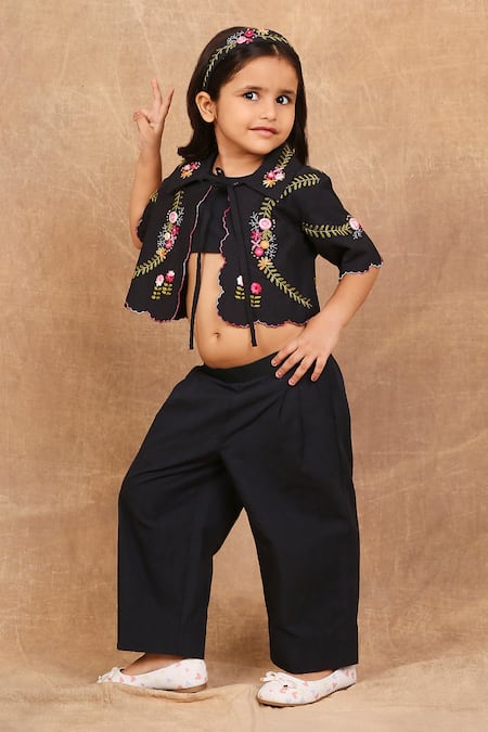 The Right Cut_Black Cotton Embroidery Rose Hand Jacket Pant Set _at_Aza_Fashions