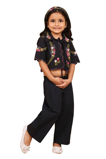 Buy_The Right Cut_Black Cotton Embroidery Rose Hand Jacket Pant Set 