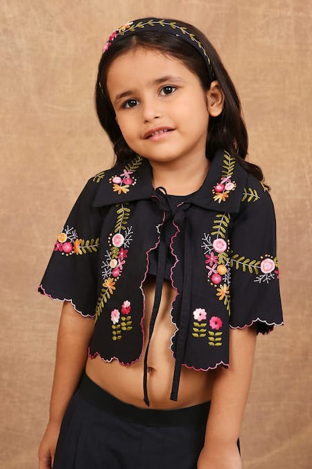 Shop_The Right Cut_Black Cotton Embroidery Rose Hand Jacket Pant Set 