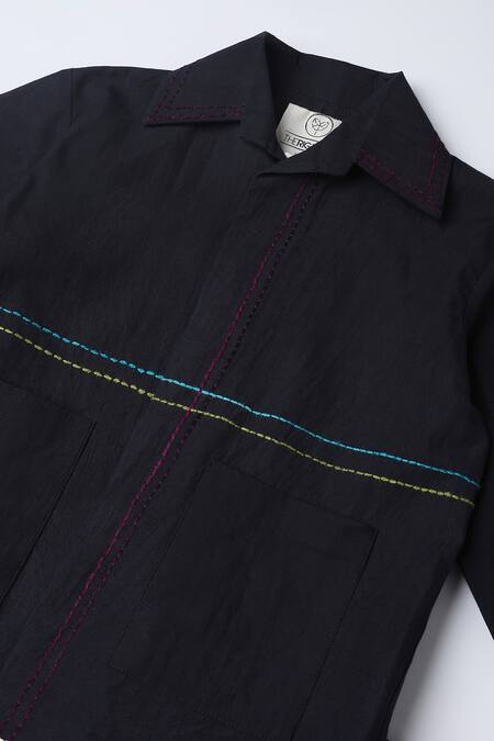 The Right Cut_Black Cotton Embroidery Placement Kantha Shirt _Online_at_Aza_Fashions