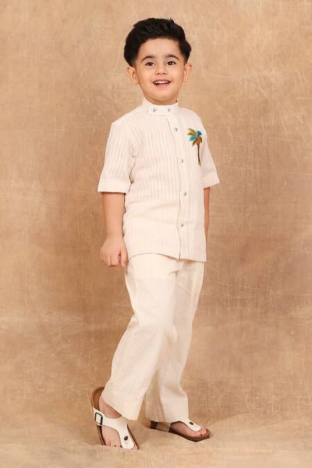 Shop The Right Cut Ivory Handloom Cotton Embroidery Palm Tree Kids Shirt Online at Aza Fashions Shop_The Right Cut_Ivory Handloom Cotton Embroidery Palm Tree Kids Shirt_Online_at_Aza_Fashions