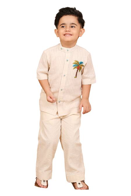 The Right Cut Ivory Handloom Cotton Embroidery Palm Tree Kids Shirt at Aza Fashions The Right Cut_Ivory Handloom Cotton Embroidery Palm Tree Kids Shirt_at_Aza_Fashions