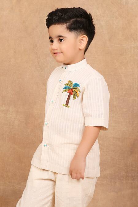 Buy The Right Cut Ivory Handloom Cotton Embroidery Palm Tree Kids Shirt Buy_The Right Cut_Ivory Handloom Cotton Embroidery Palm Tree Kids Shirt