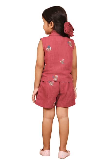 Shop_The Right Cut_Red Linen Embroidery Hand Jacket With Shorts _Online_at_Aza_Fashions