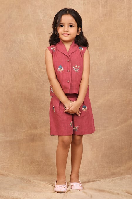 The Right Cut_Red Linen Embroidery Hand Jacket With Shorts _at_Aza_Fashions