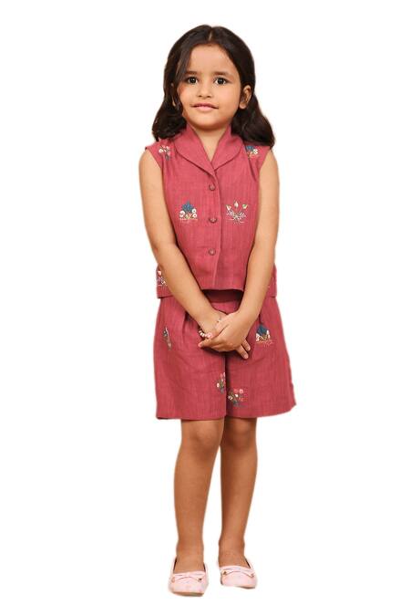Buy_The Right Cut_Red Linen Embroidery Hand Jacket With Shorts 