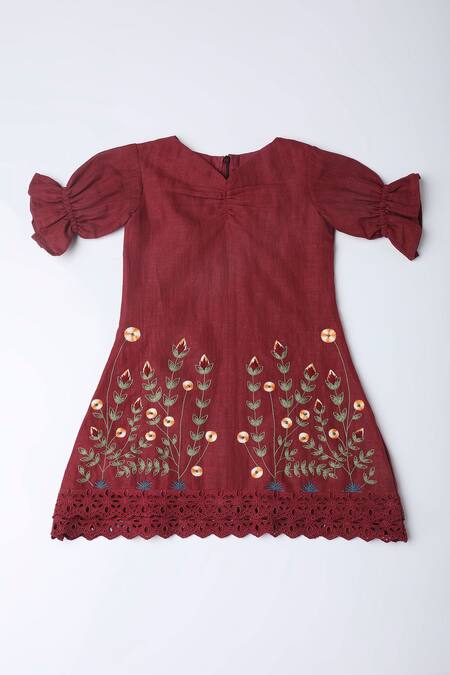 The Right Cut_Red Linen Embroidery Hand Dress _Online_at_Aza_Fashions