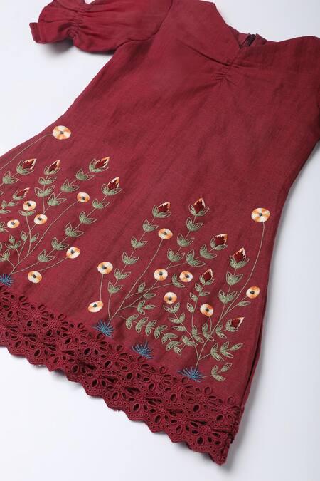 Buy_The Right Cut_Red Linen Embroidery Hand Dress _Online_at_Aza_Fashions