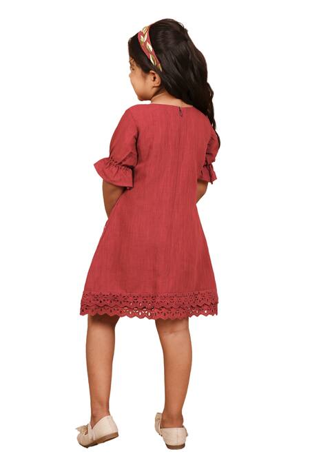 Shop_The Right Cut_Red Linen Embroidery Hand Dress _Online_at_Aza_Fashions