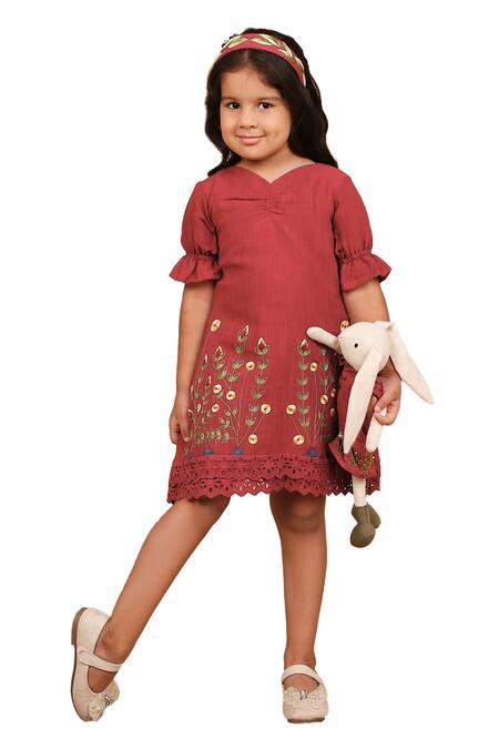 The Right Cut_Red Linen Embroidery Hand Dress _at_Aza_Fashions