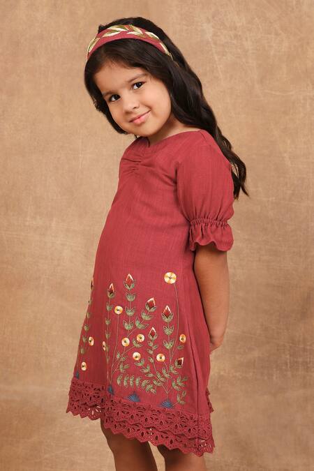 Buy_The Right Cut_Red Linen Embroidery Hand Dress 